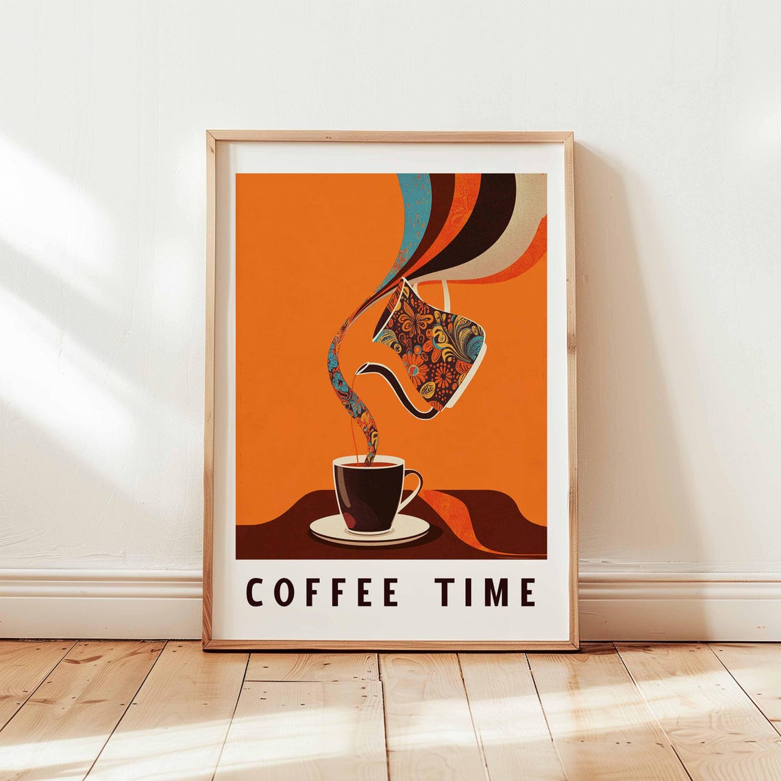 Coffee Time Floral Patterned Kettle Pour Orange Kitchen Poster