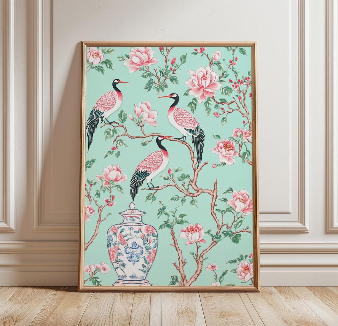 Chinoiserie Cranes Magnolia Blossom Pink Floral Vase Teal Art Poster