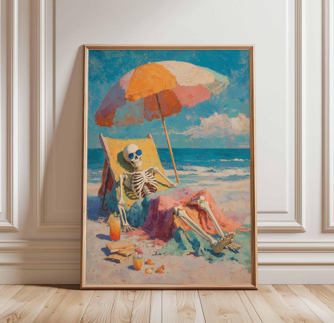 Funny Skeleton Sunbathing On The Beach Colorful Humorous Art Print