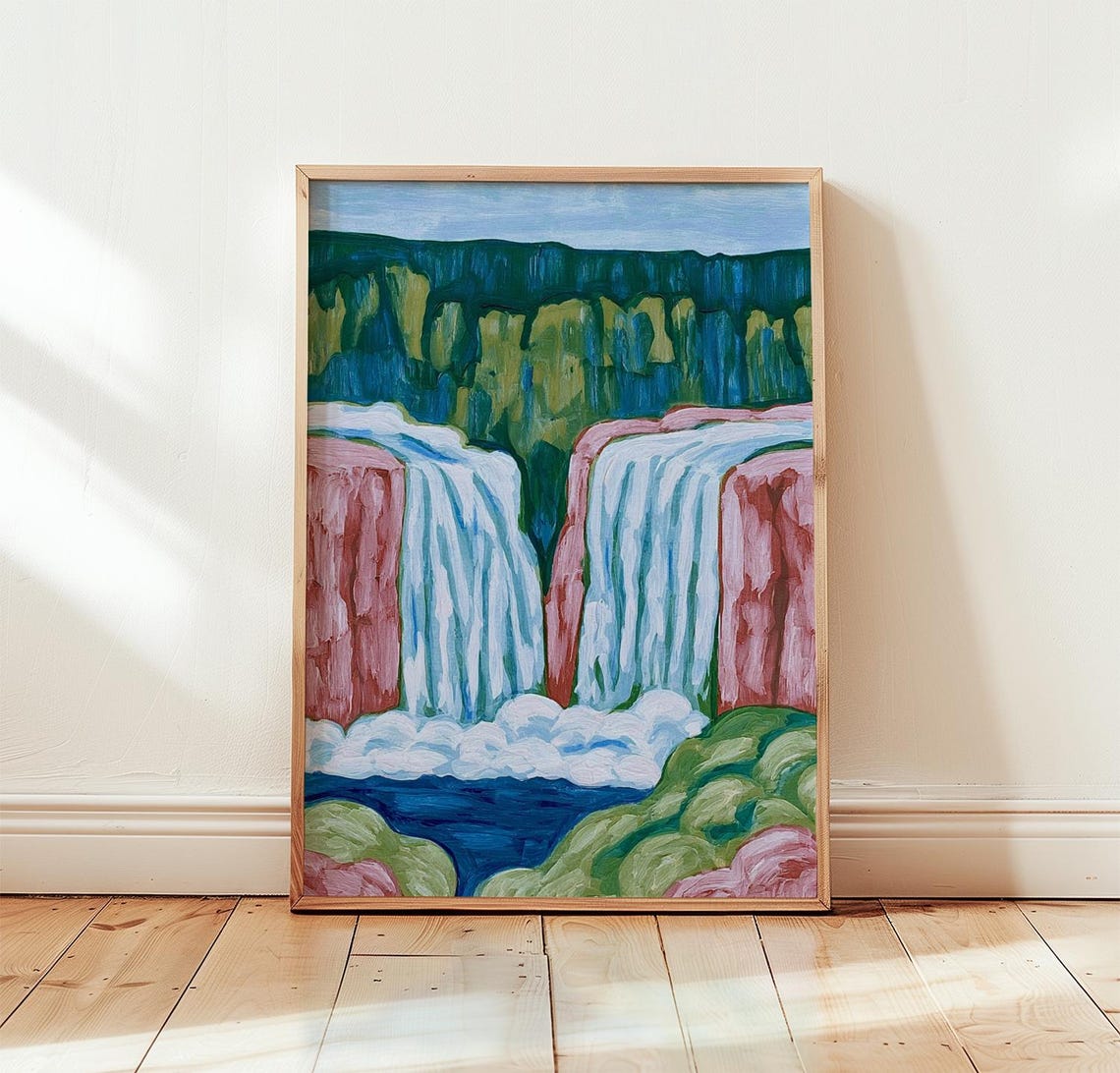 Pink Waterfall and Green Mountain Folk Woodblock Style Poster
