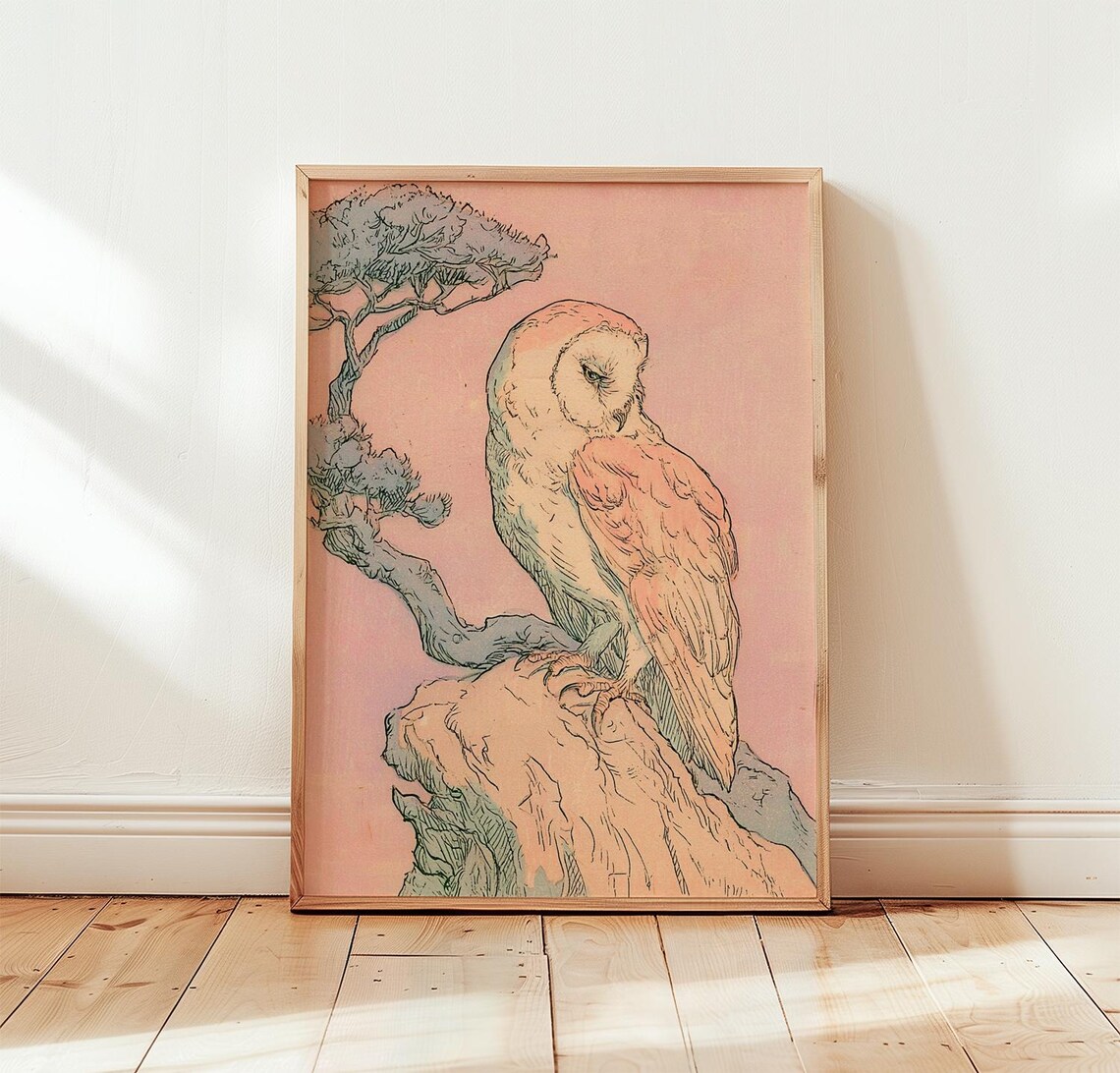 Barn Owl Japanese Woodblock Style Vintage Bird Nature Art Poster