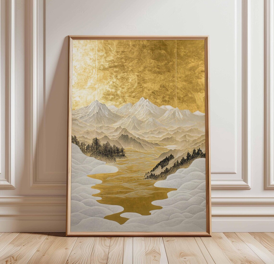 Golden Mountain Peaks Abstract Landscape Poster Gold Leaf River Scene