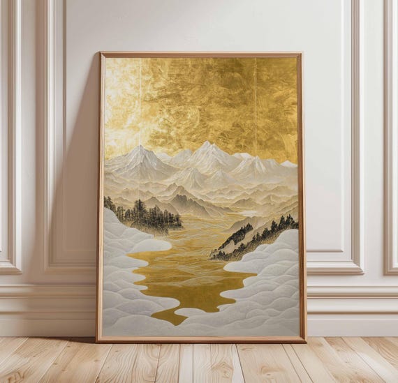 Golden Mountain Landscape Poster Abstract Art Gold And White Peaks Tranquil River Scene Nature Print