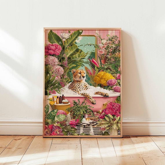 Cheetah In Bathtub Wall Art Whimsical Jungle Bathroom Poster Tropical Animal Print Colorful Floral Home Decor Maximalist Unframed