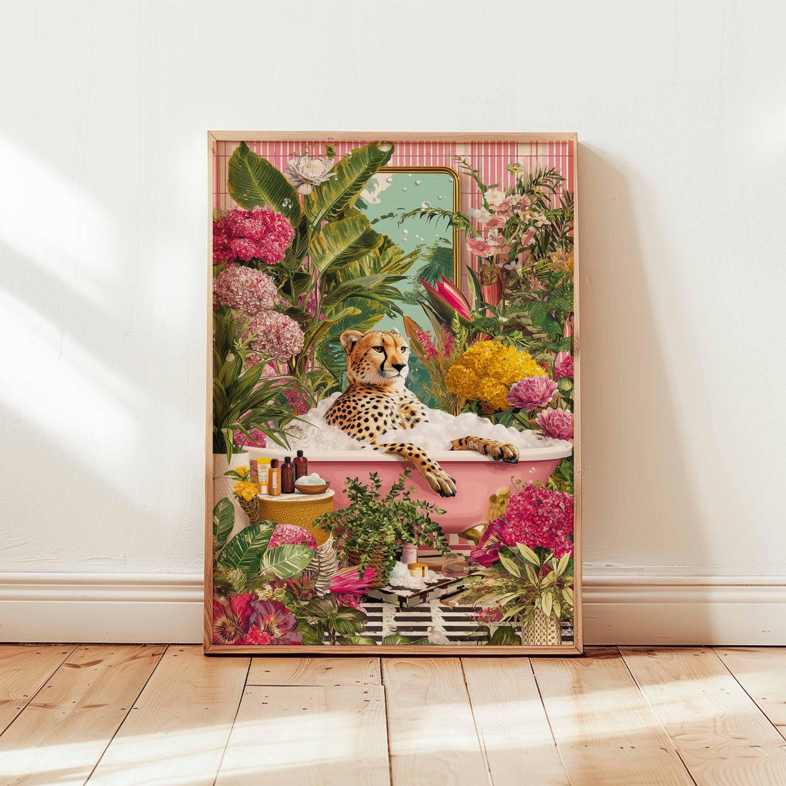 Cheetah Bubble Bath Maximalist Tropical Jungle Bathroom Poster
