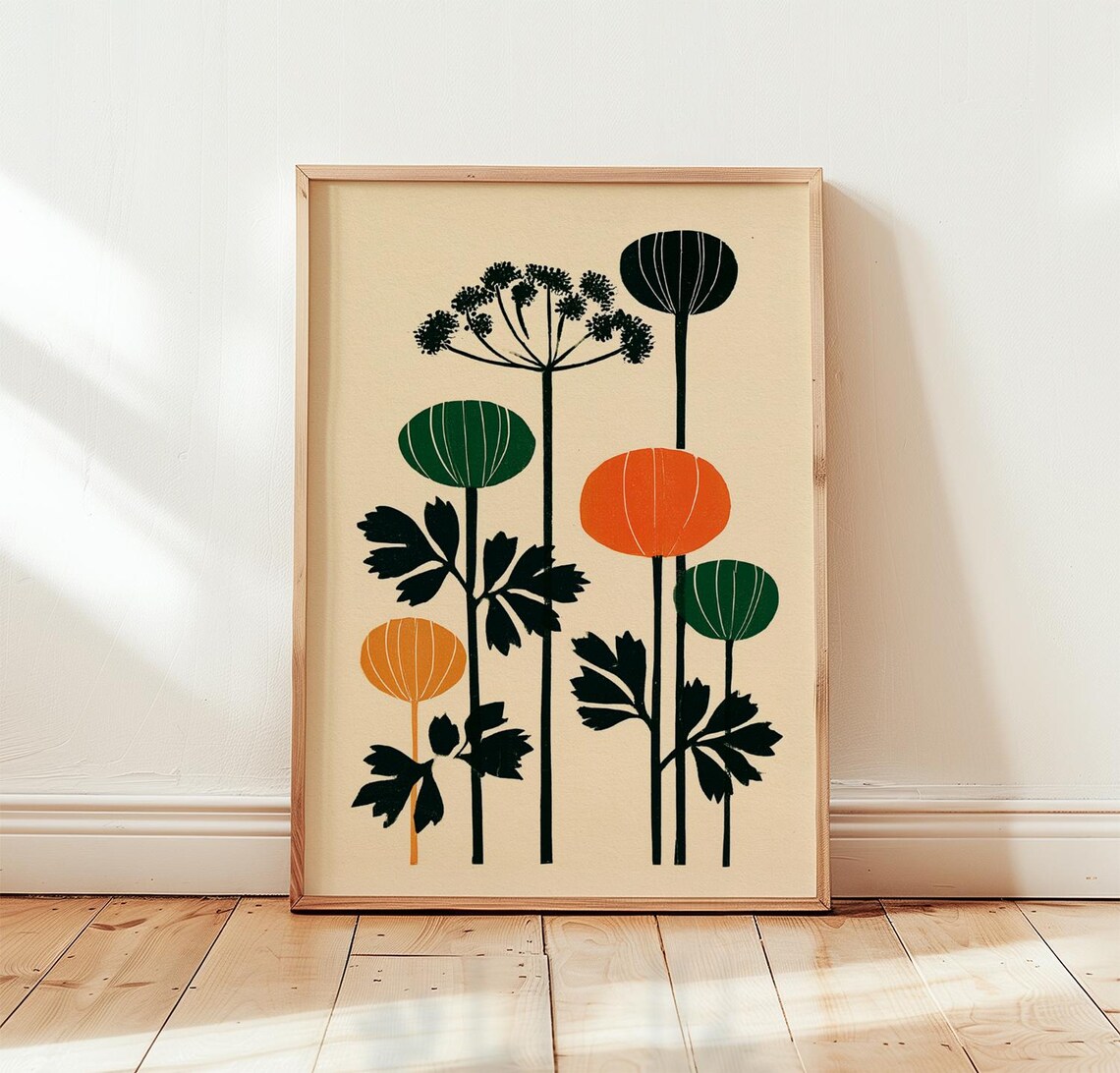 Orange Cow Parsley Botanical Linocut Art Print