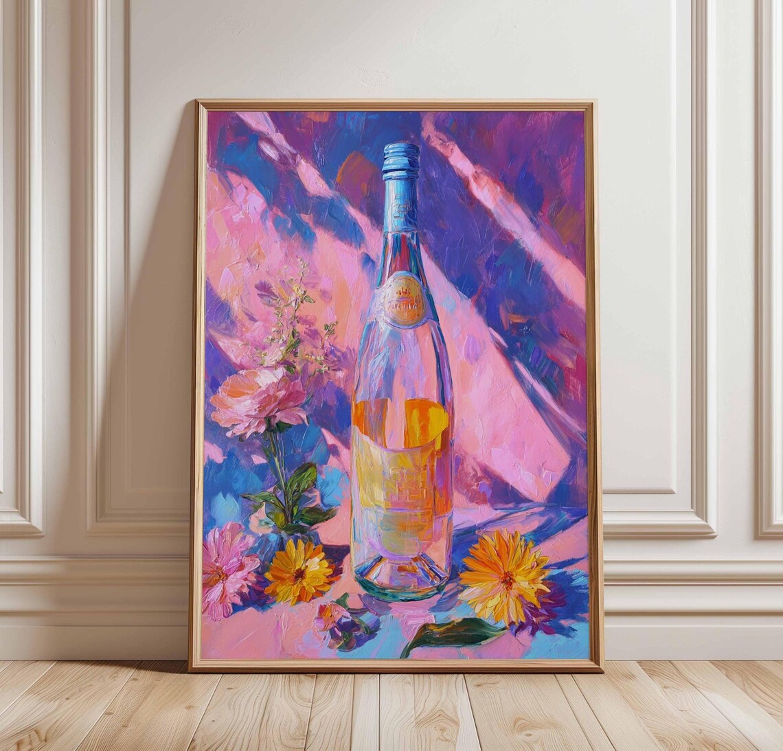 Vibrant Rose Wine Bottle Floral Still Life Oil Painting Poster