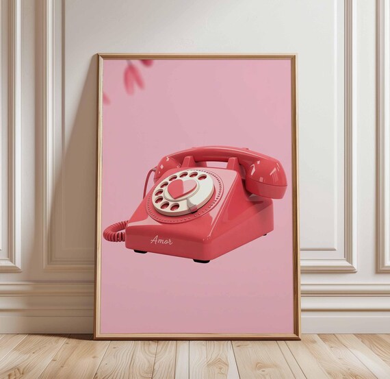 Retro Pink Rotary Phone With Heart Dial Amor Vintage Love Poster