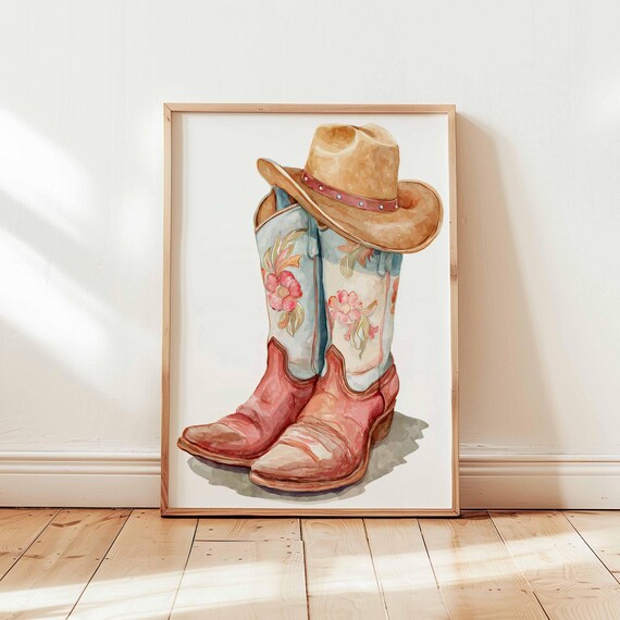 Cowgirl Boots With Hat Wall Art Floral Western Print Rustic Rodeo Poster Country Girl Decor Nursery Boho Artwork