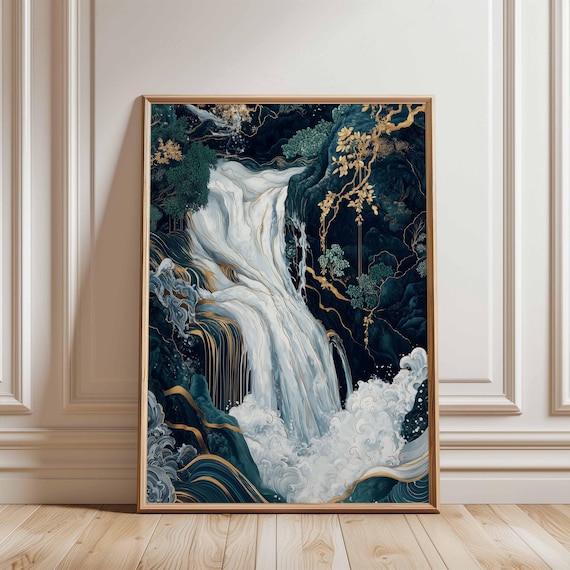 Japanese Waterfall Painting Teal Gold Leaf Oriental Nature Art Poster