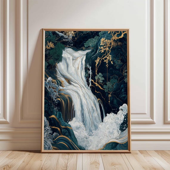 Oriental Waterfall Wall Art Japaneseinspired Nature Poster Gold And Teal Landscape Print For Modern Home Decor