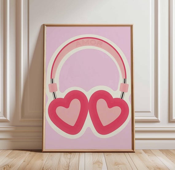 Amor Headphones Poster Pink Heart Pop Art Print Cute Music Lover Wall Decor Girl Room Artwork Teen Bedroom Design