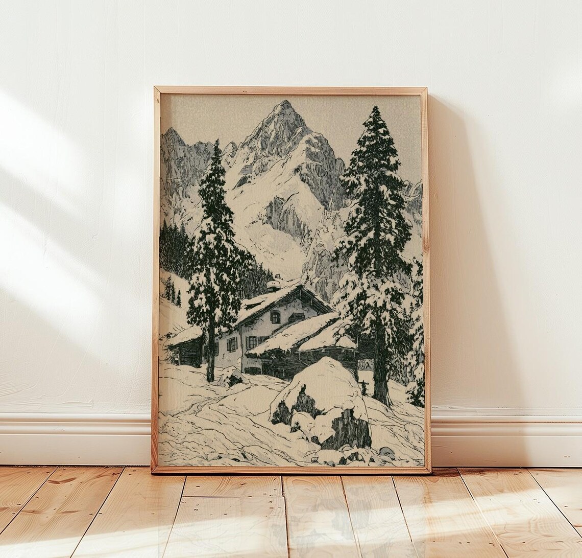 Alps Mountain Cabin Poster, Snowy Alpine Chalet