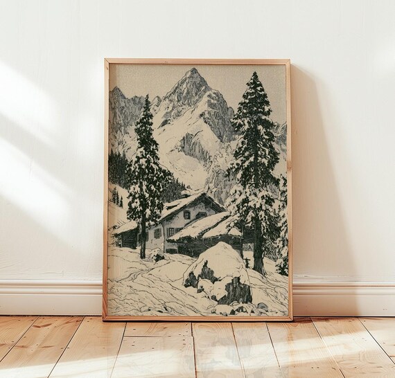 Alps Mountain Cabin Poster, Snowy Alpine Chalet