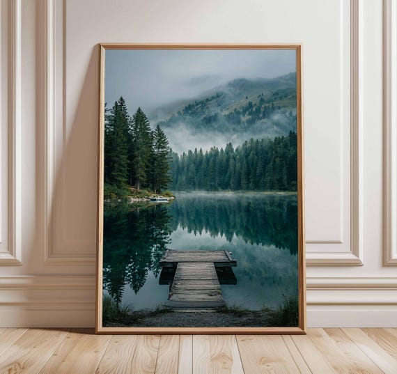 Misty Lake Poster, Nature Landscape Art Print