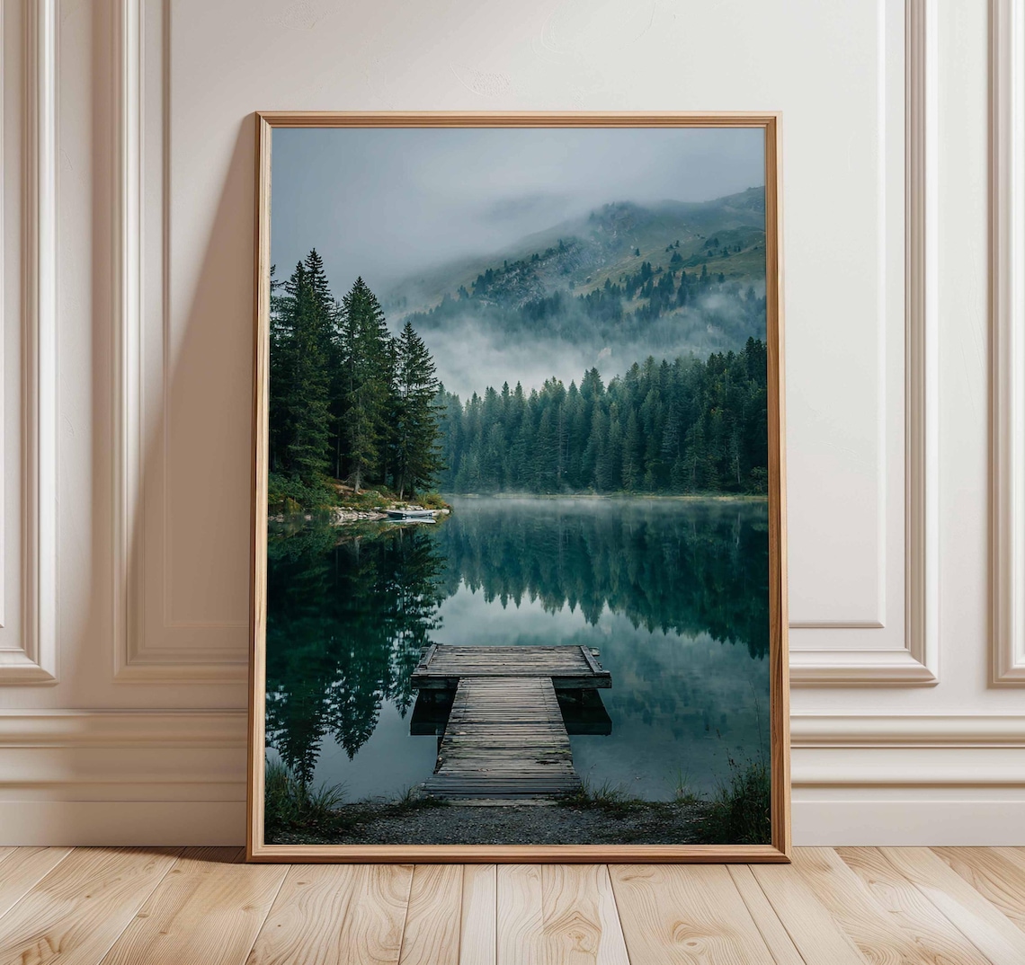 Misty Lake Poster, Nature Landscape Art Print