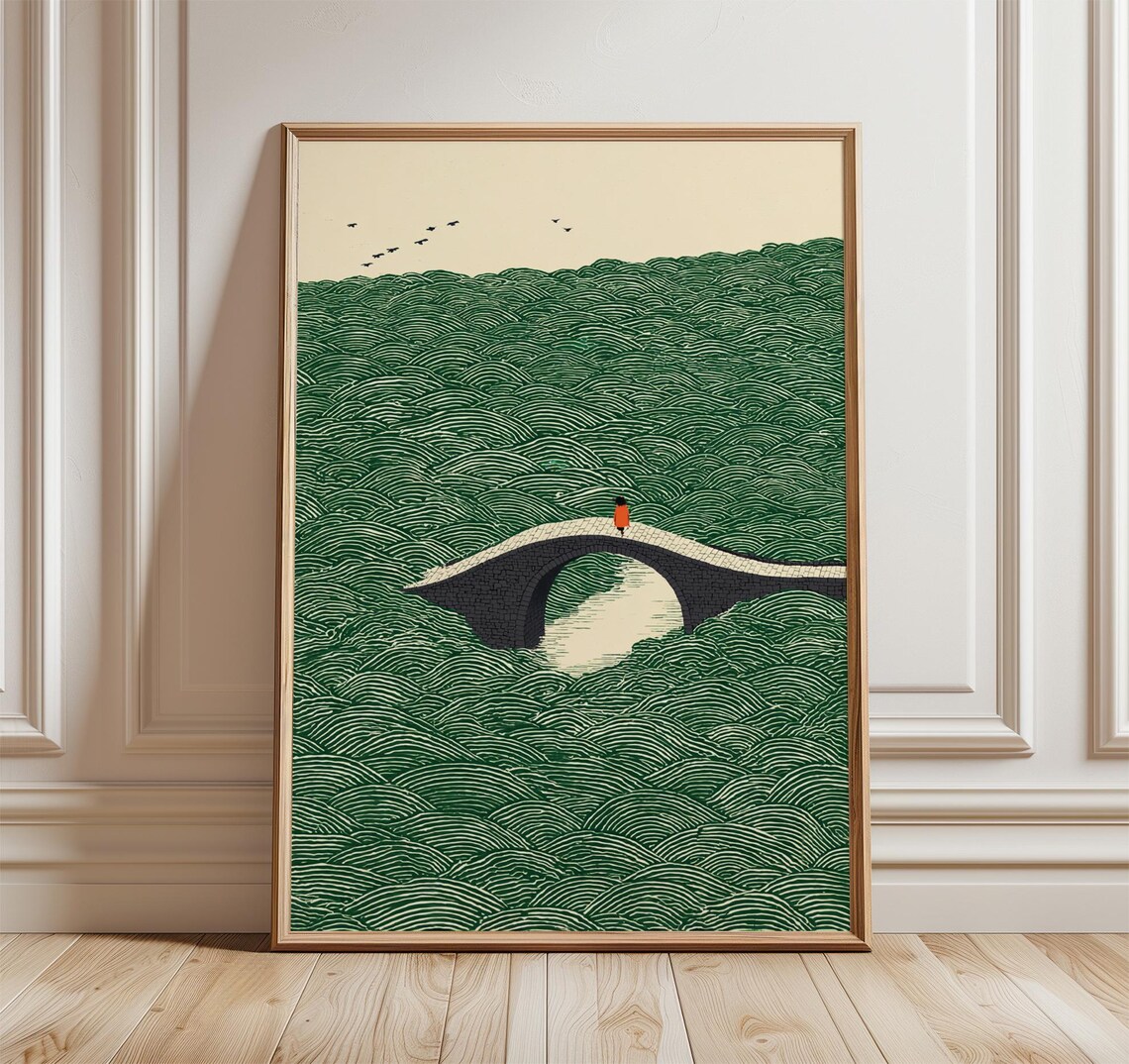 Japanese Bridge Poster Print, Stylized Waves