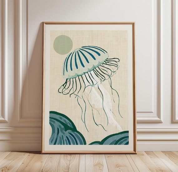 Blue Moon Jellyfish Poster Coastal Marine Paper Wall Art