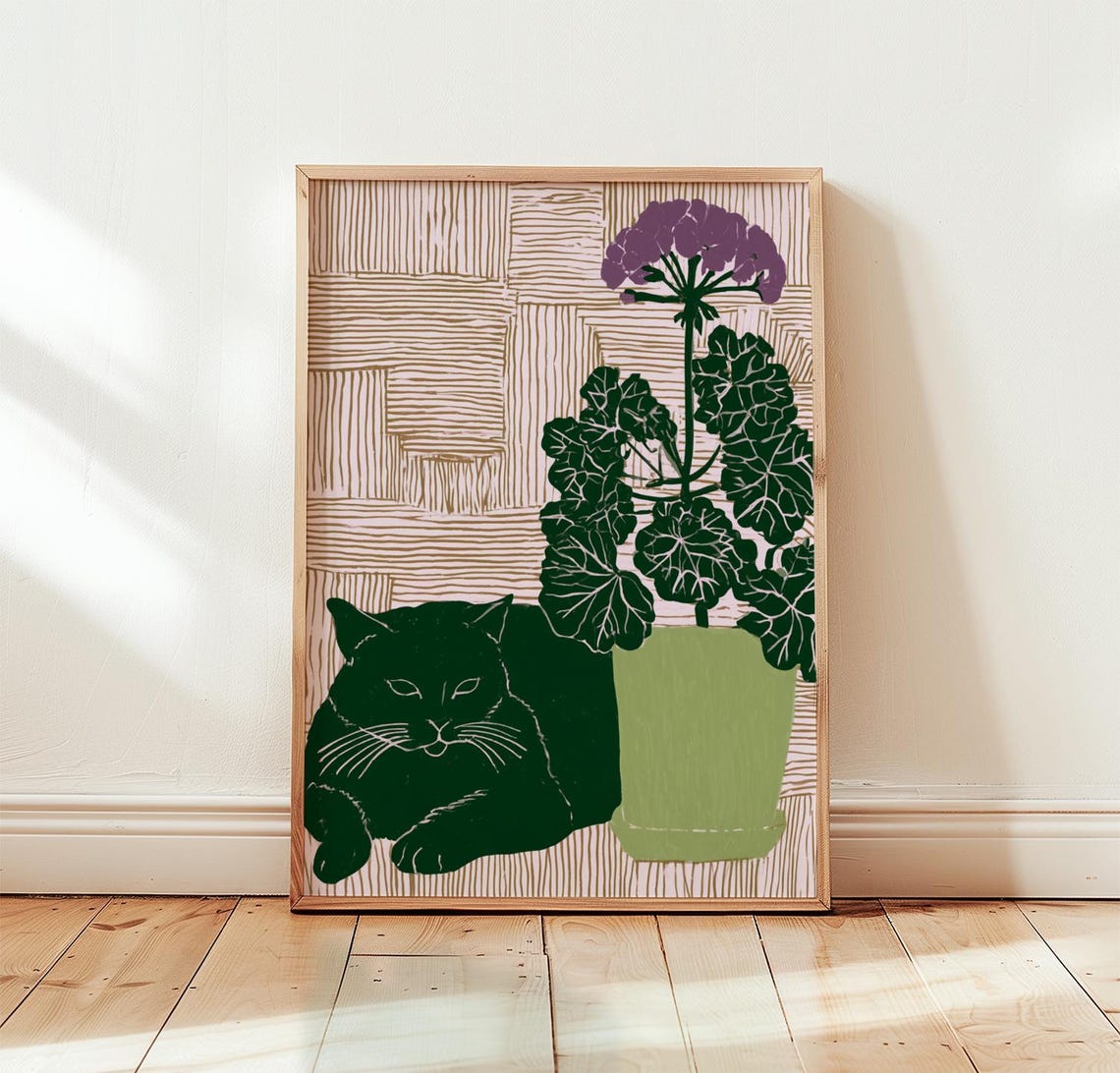 Black Cat Botanical Poster Vintage Floral Wall Art Cottagecore Print