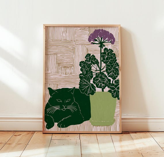 Black Cat Botanical Poster Vintage Floral Wall Art Cottagecore Print