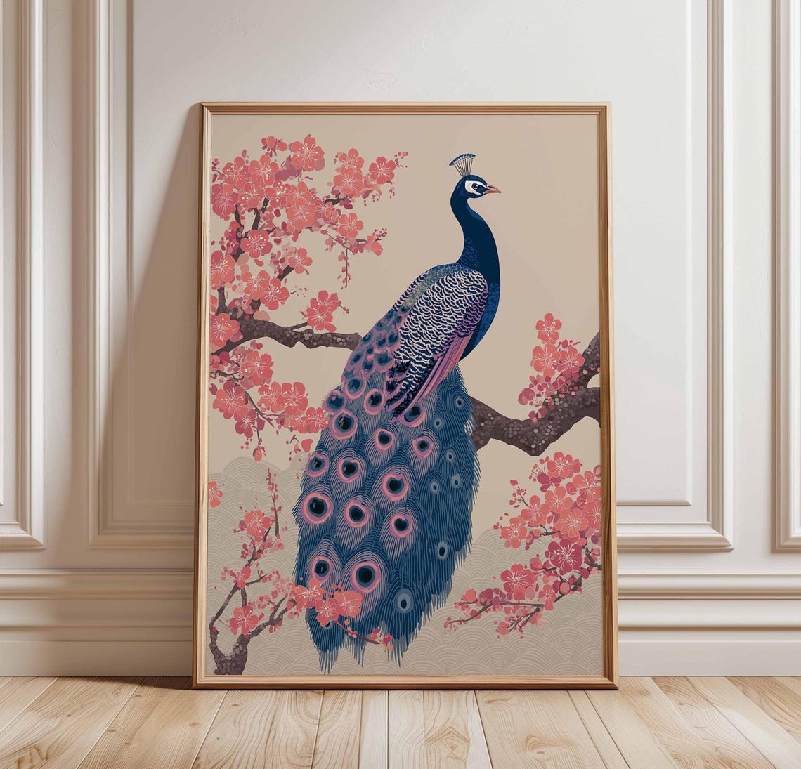 Elegant Blue Peacock On Cherry Blossom Branch Japanese Style Poster