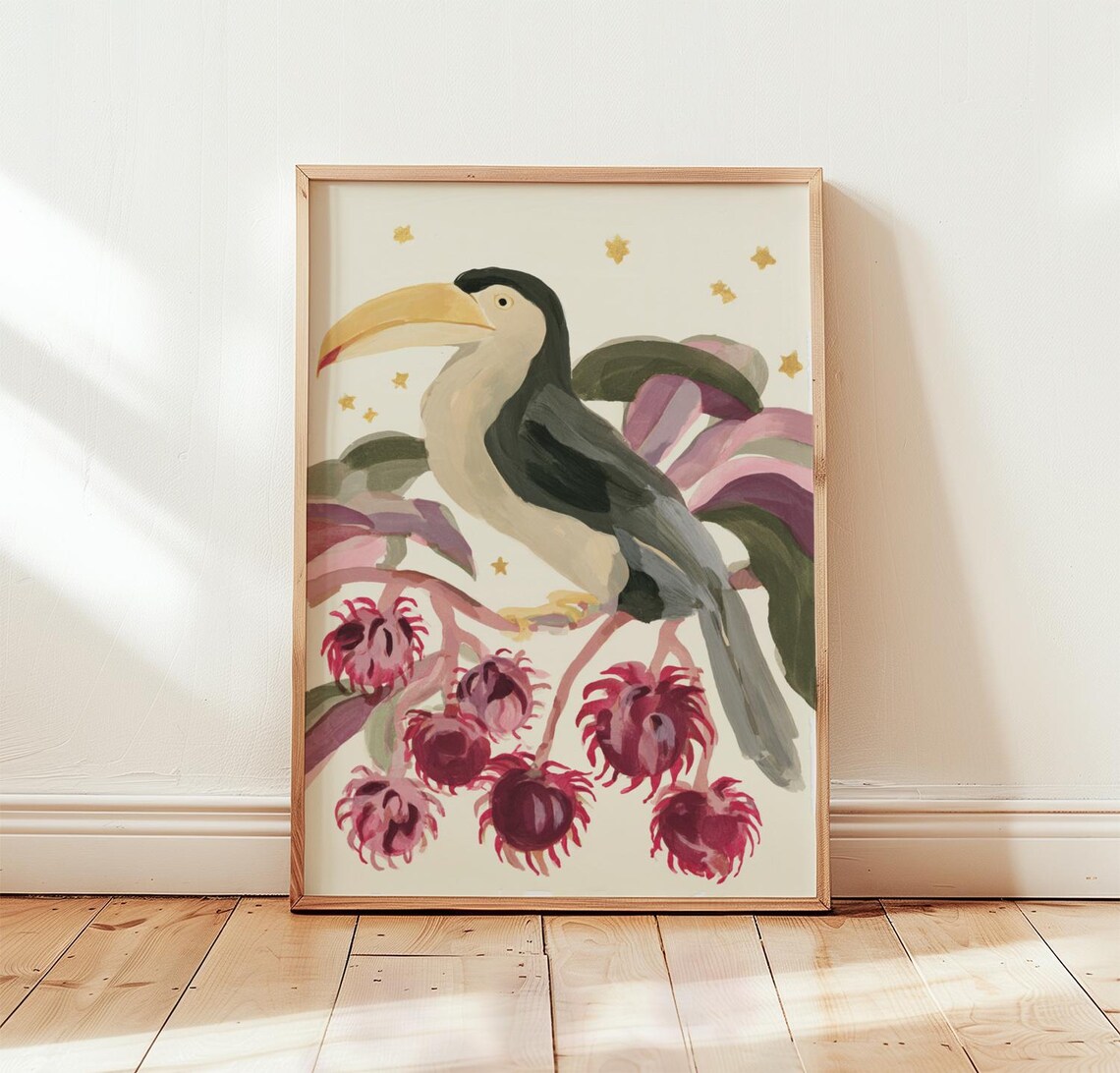 Pink Toucan, Tropical Botanical Folk Poster