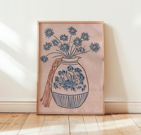 Blue Cornflower Vase Rust Drapery Blush Pink Botanical Poster