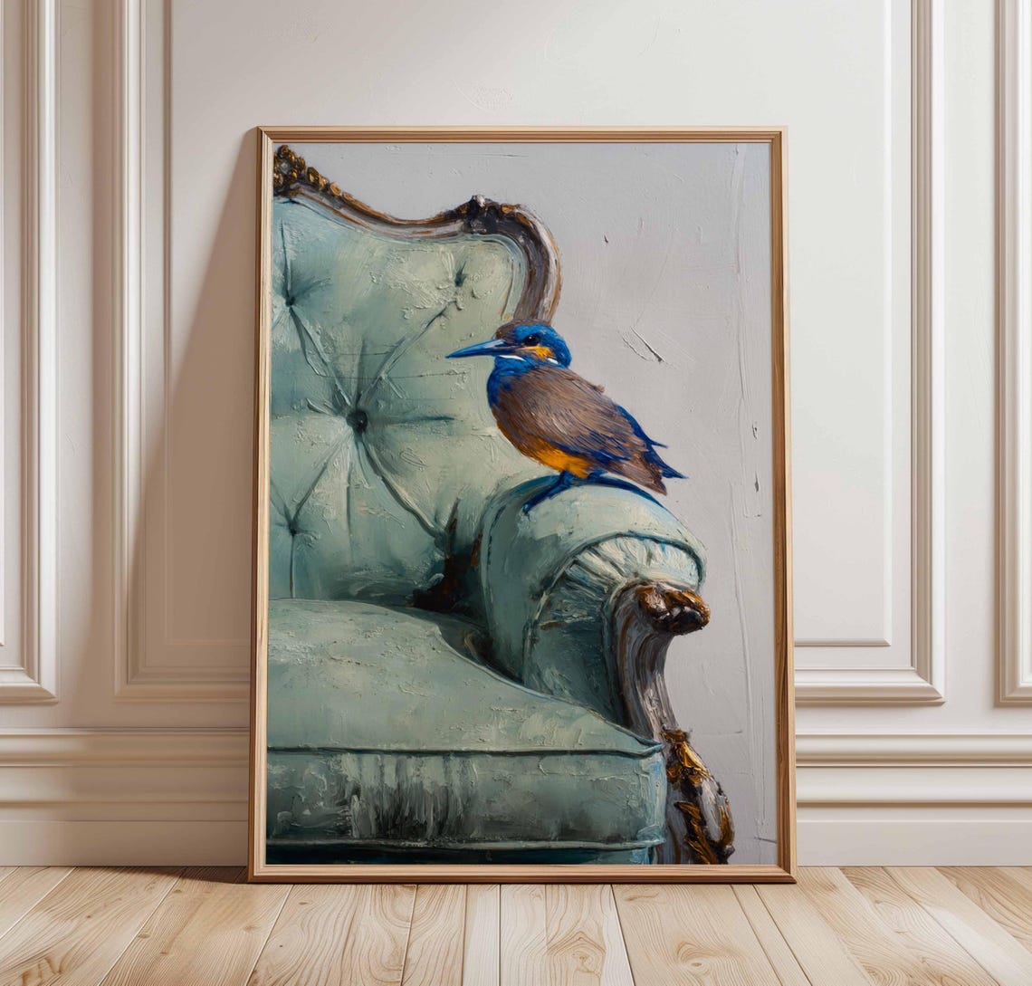 Kingfisher Perched On Vintage Green Armchair Whimsical Bird Poster