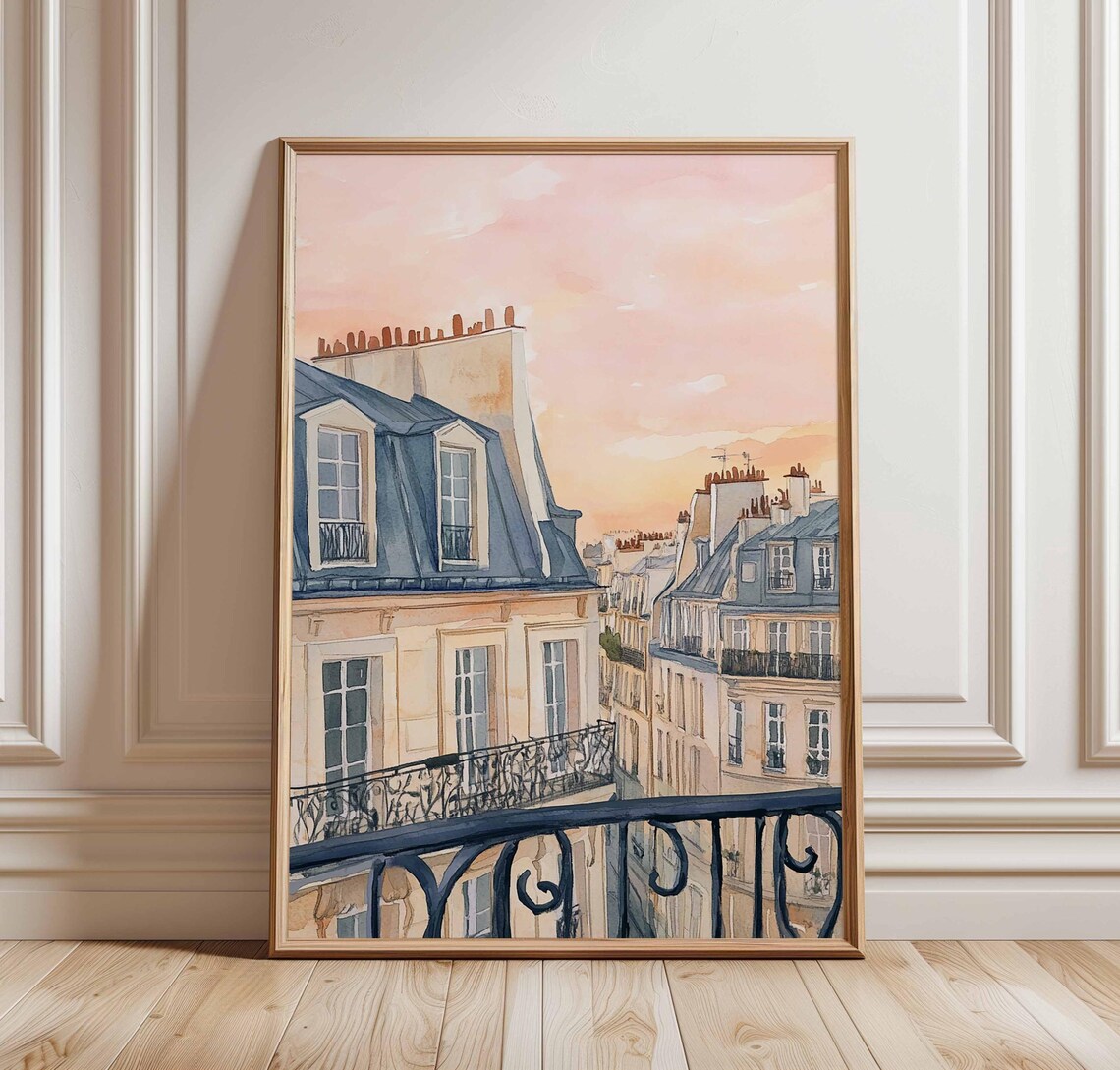 Paris Rooftop Sunset Poster, Romantic French Cityscape