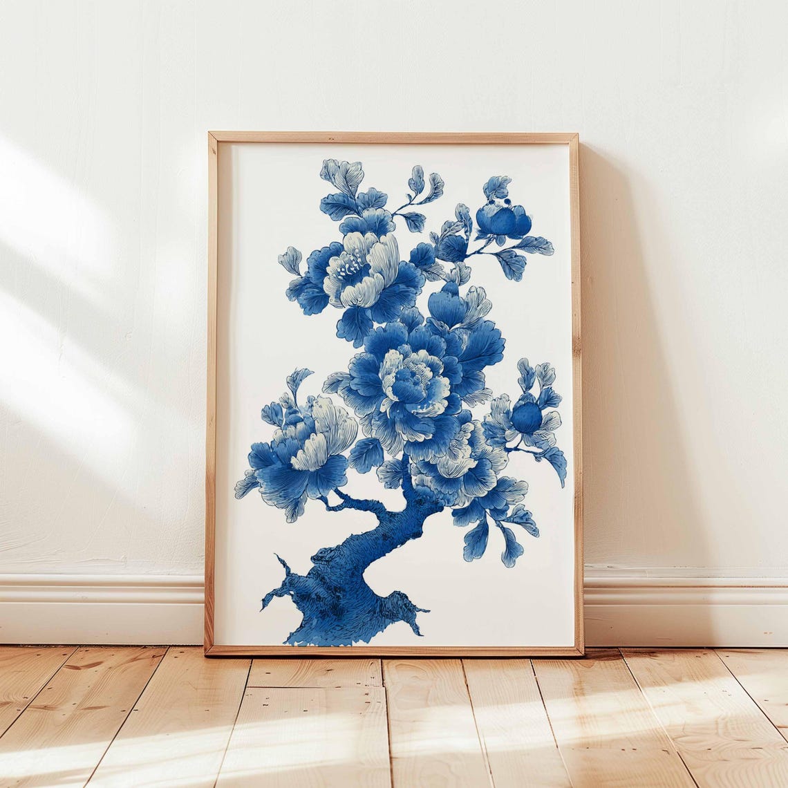 Blue Peony Tree Wall Art Chinese Floral Ink Illustration Print Botanical Bloom Poster Elegant Blossom Decor Unframed Artwork
