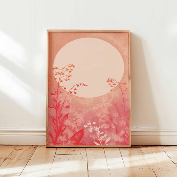 Sunset Floral Wall Art Print Pink Botanical Poster Retro Nature Decor Minimalist Sunrise Illustration Unframed Artwork