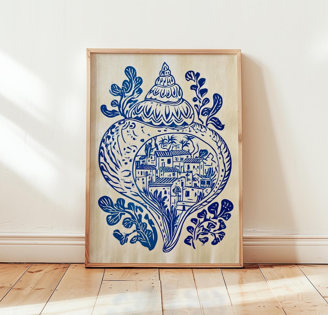 Blue Shell Town Folk Poster Coastal Village Line Drawing Decor