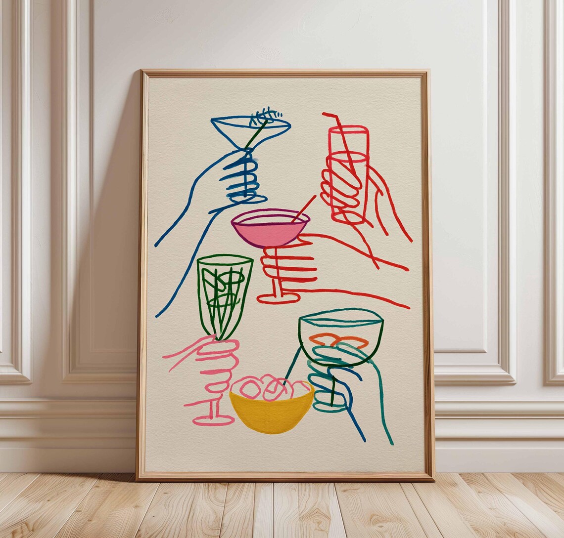 Colorful Cocktail Cheers Line Art Hands Holding Drinks Bar Wall Art