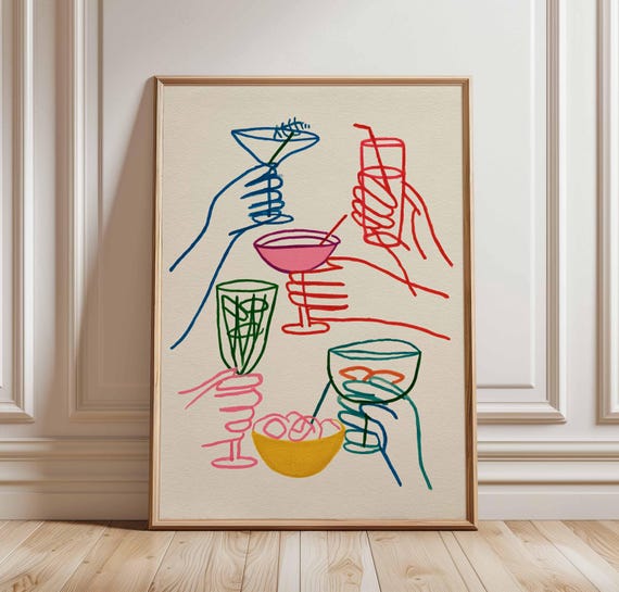 Cocktail Party Line Art Print Colorful Drinks Poster Modern Minimalist Bar Wall Fun Handdrawn Glasses Illustration
