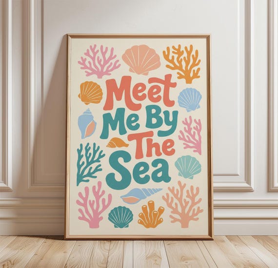 Meet Me By The Sea Poster Print Coastal Wall Art With Seashell And Coral Illustration Pastel Beach House Decor Vintage Linocut Style
