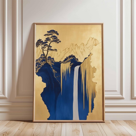 Blue Gold Waterfall Landscape Poster, Mountain Nature