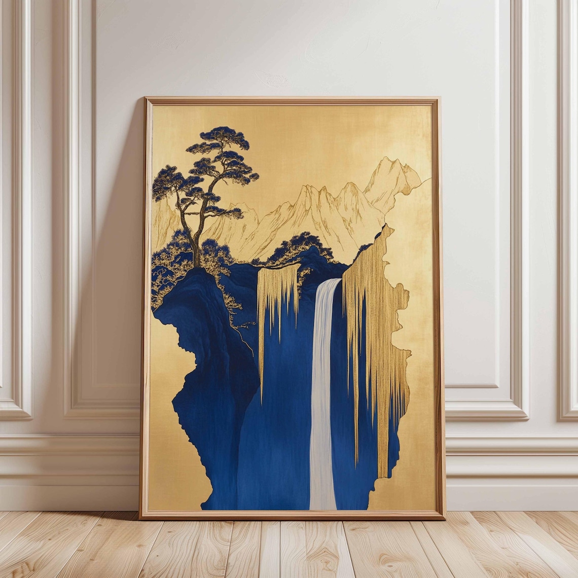 Blue Gold Waterfall Landscape Poster, Mountain Nature