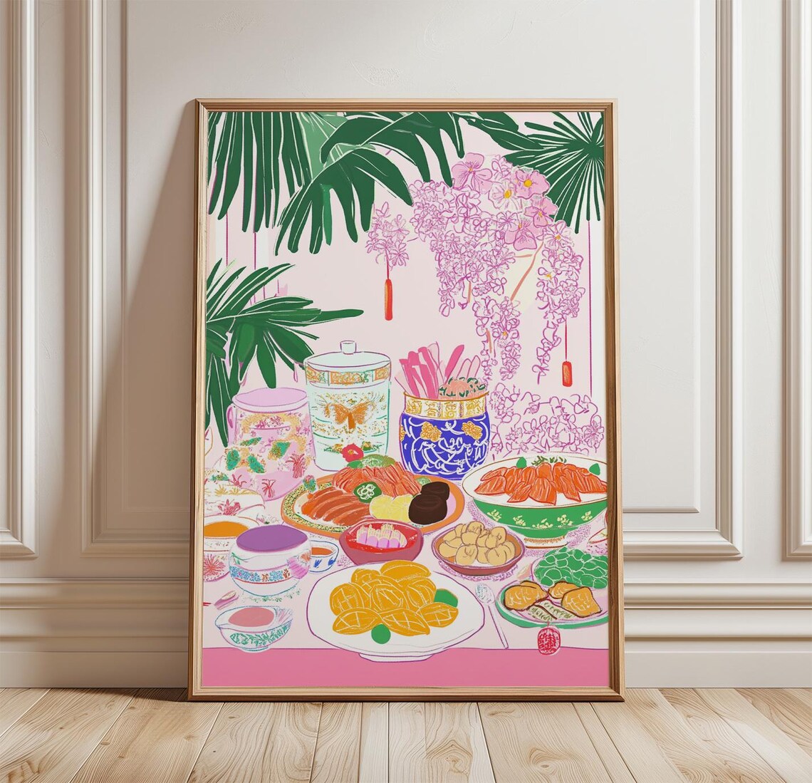 Chinese Festive Food Table Colorful Feast Illustration Kitchen Poster