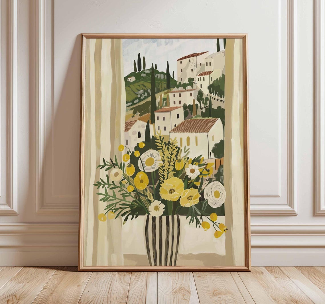 Tuscan Window View Yellow Flowers Over Hillside Village Art Print