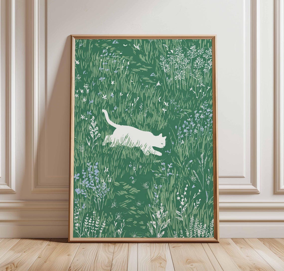 White Cat In Meadow Poster Whimsical Animal Wall Art Nature Grass Field Print Playful Illustration Decor