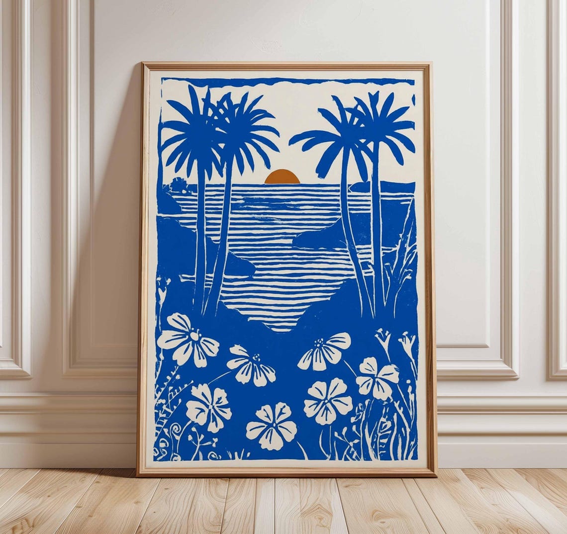 Tropical Sunset Palm Trees Blue Linocut Poster With Orange Sun