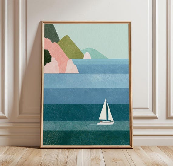 Coastal Sailboat Poster, Minimalist Scandinavian