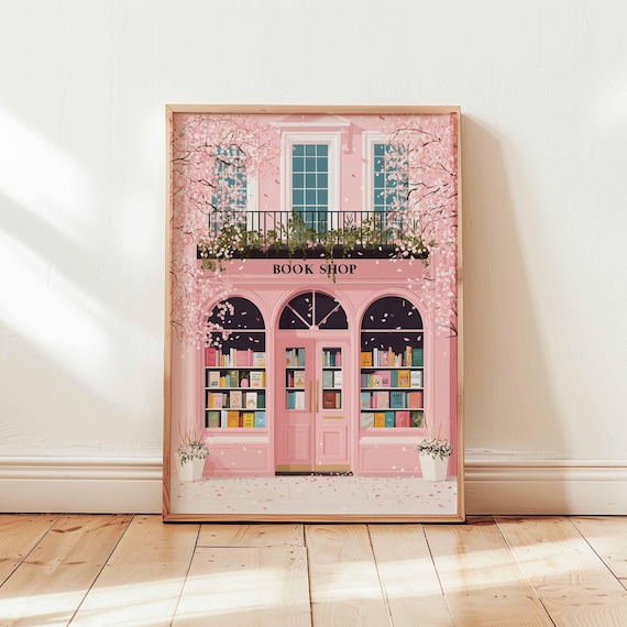 Pink Bookshop Poster Print, Cozy Reading Room Decor
