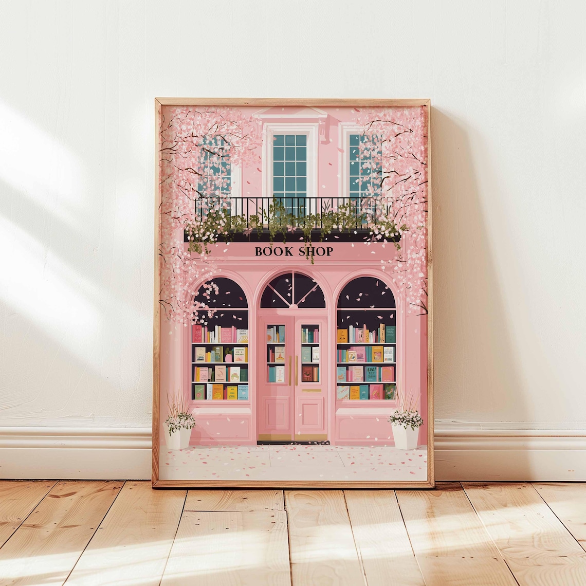 Pink Bookshop Poster Print, Cozy Reading Room Decor