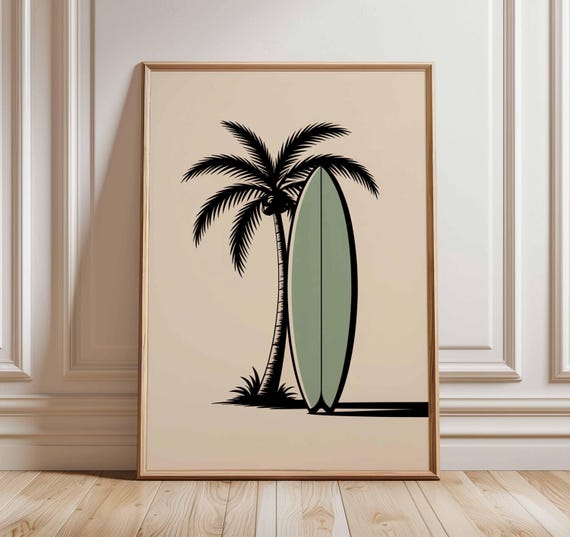 Surfboard Palm Tree Poster, Minimalist Tropical Beach