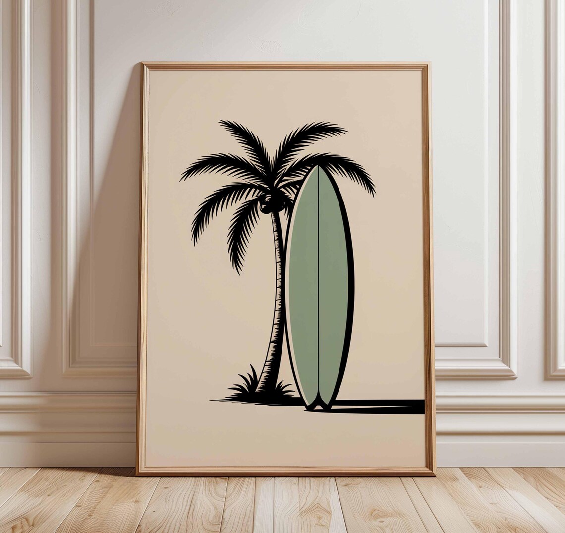 Surfboard Palm Tree Poster, Minimalist Tropical Beach