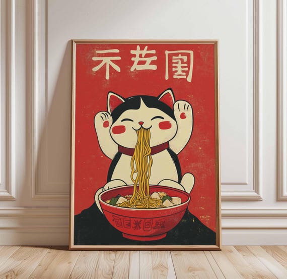Cute Cat Noodle Poster Red Japanese Food Art Kawaii Bowl Decor Asian Wall Funny Print Kitchen