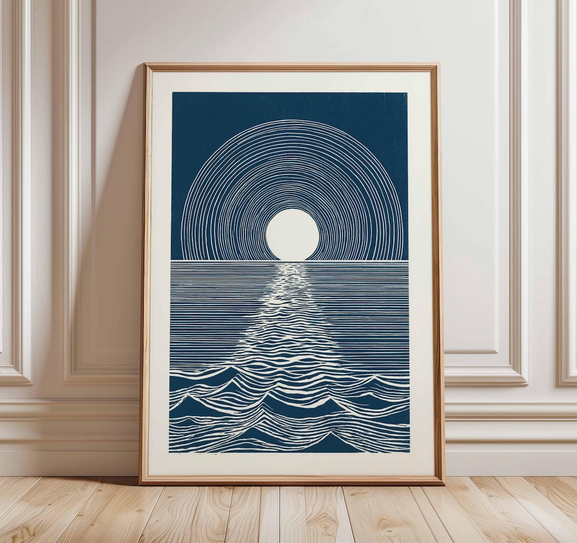 Sunset Over The Sea, Minimalist Ocean Waves Art Print