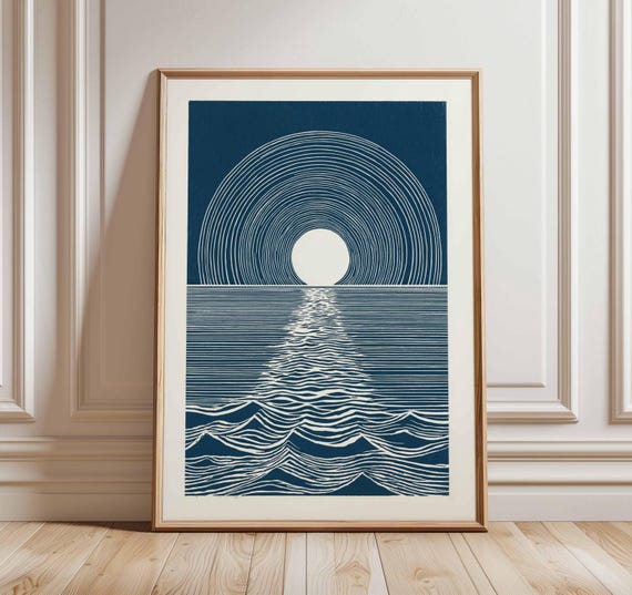 Sunset Over The Sea, Minimalist Ocean Waves Art Print