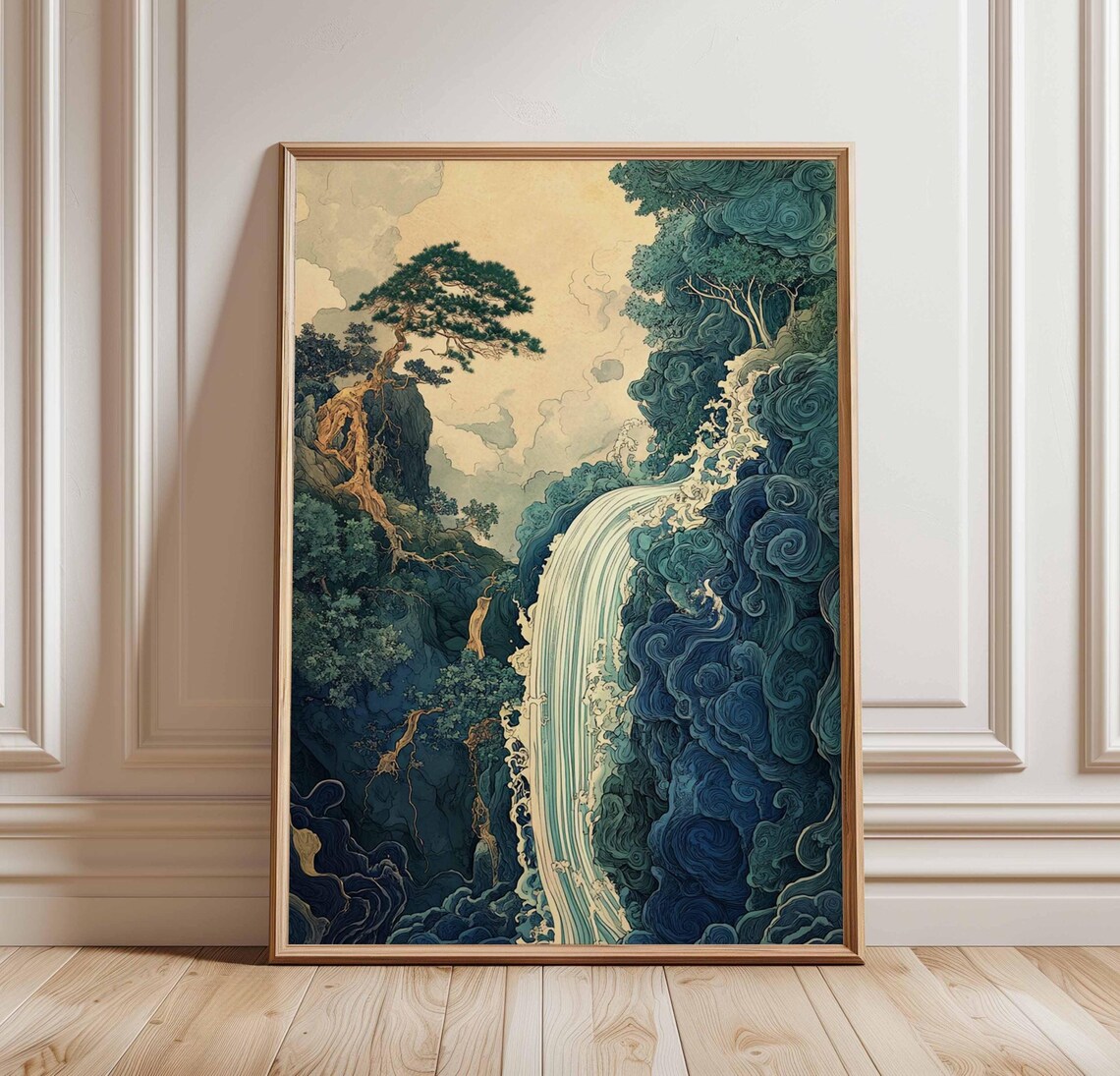 Waterfall In Nature Poster, Abstract Japanese Landscape